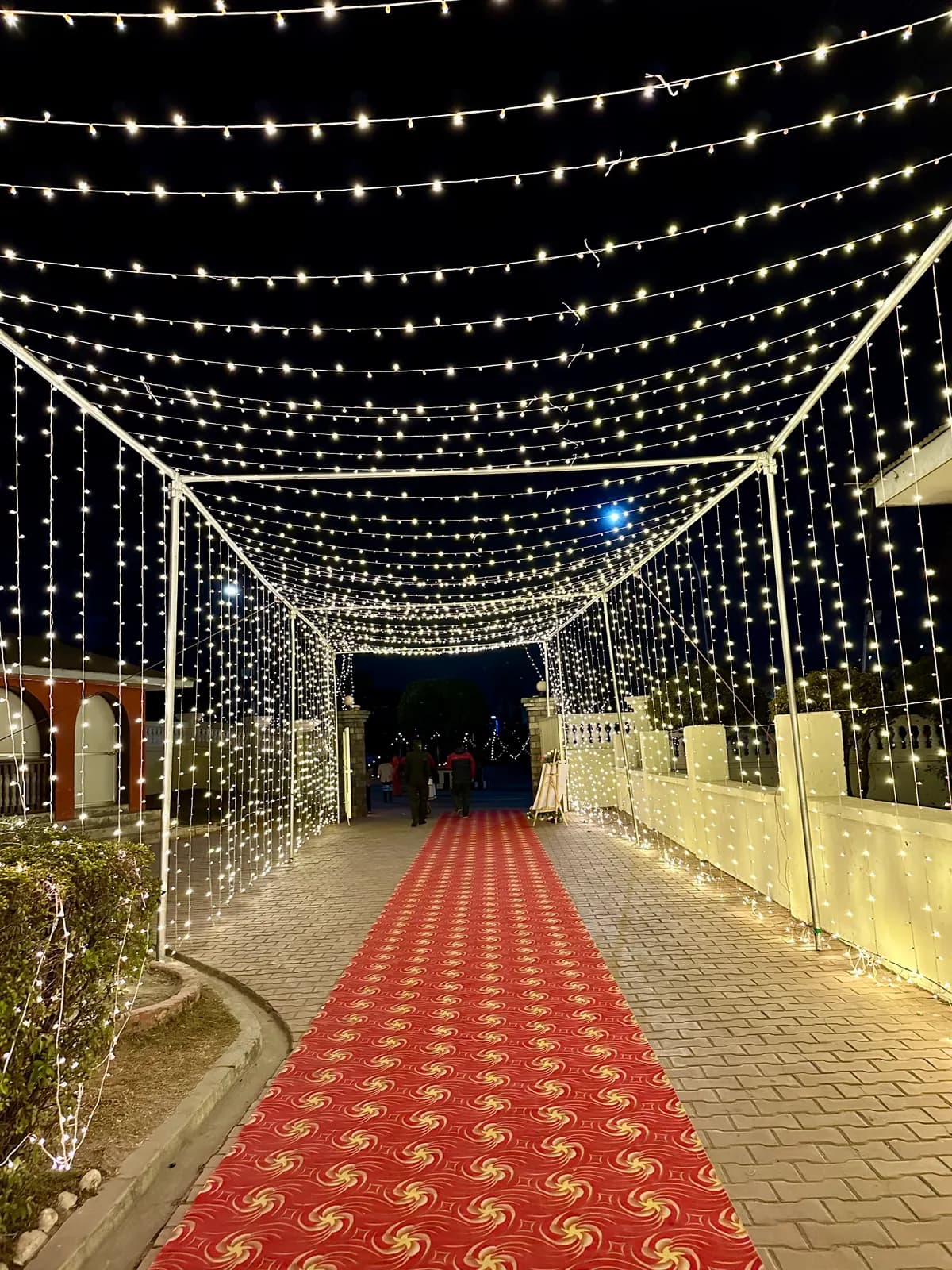 A walkway strung with hundreds of warm fairy lights at night